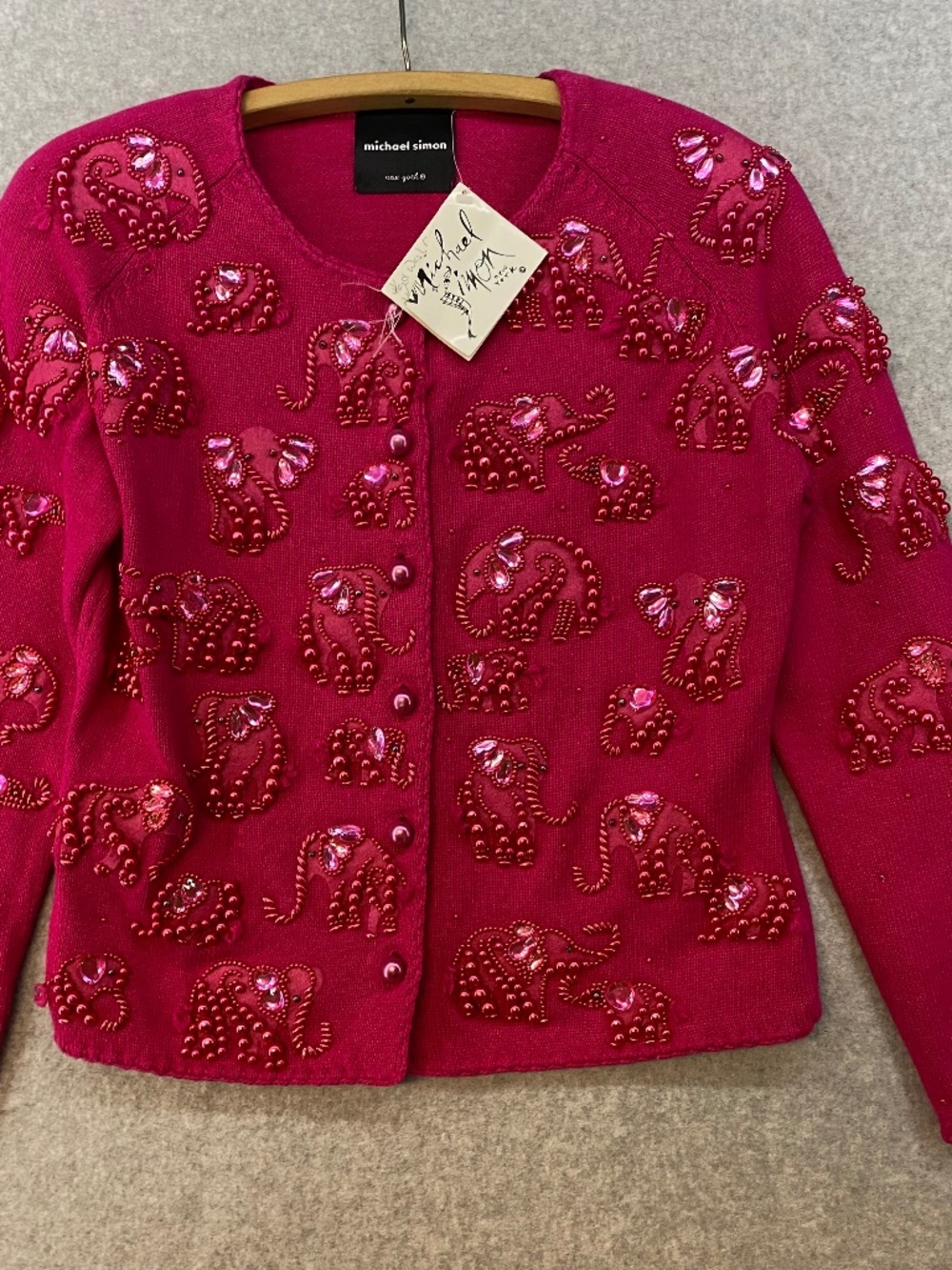 NEW! Vintage Michael Simon M • Rare Pink Elephant Beaded Cardigan • Sample